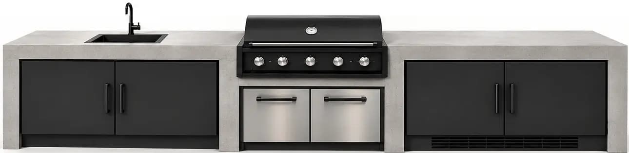 Exemple de cuisine extérieure modulaire avec évier, BBQ, tiroirs et rangements en béton architectural