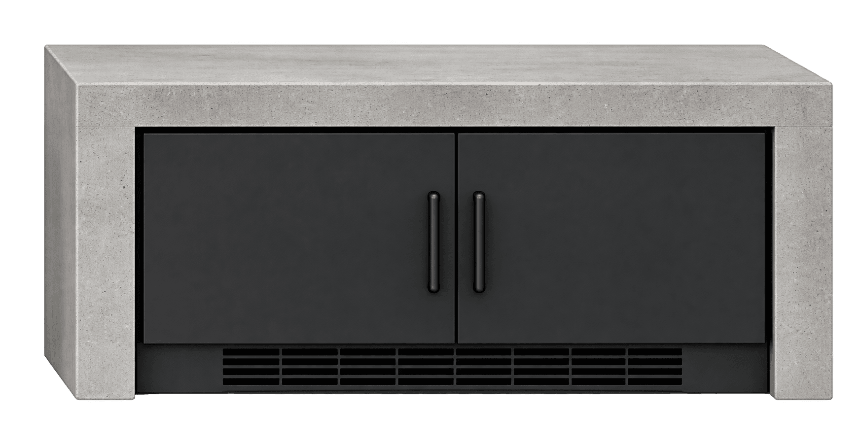 Module de rangement en béton architectural avec portes noires et grille basse