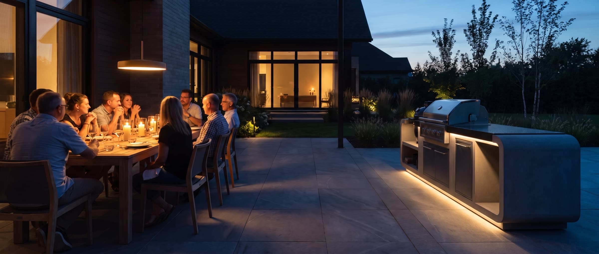 Cuisine extérieure Stone Éléments sur une terrasse au crépuscule, ruban DEL allumé sous les armoires, invités attablés à proximité