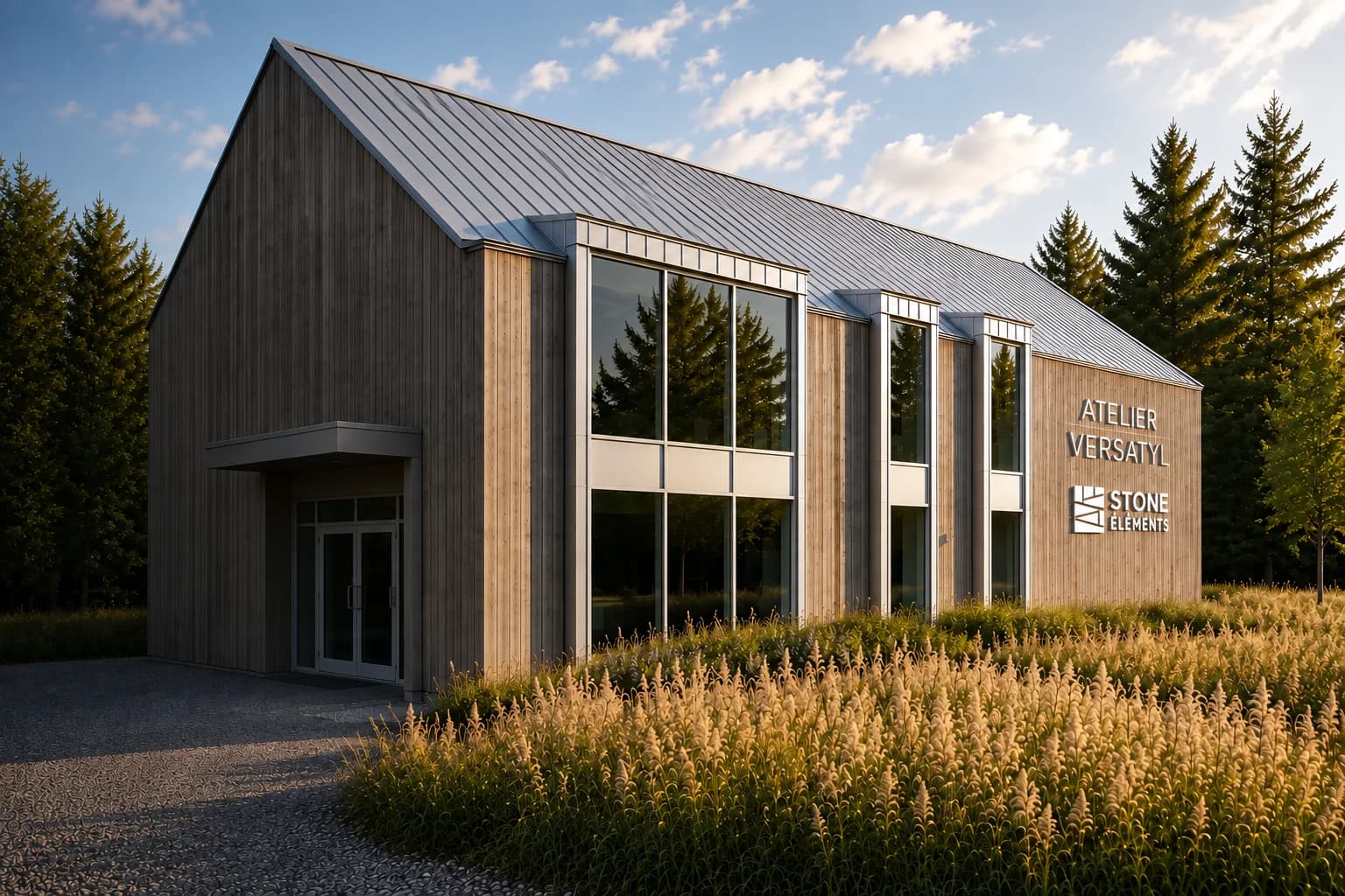 Façade d’Atelier Versatyl à Magog, lieu d’exposition de Stone Éléments